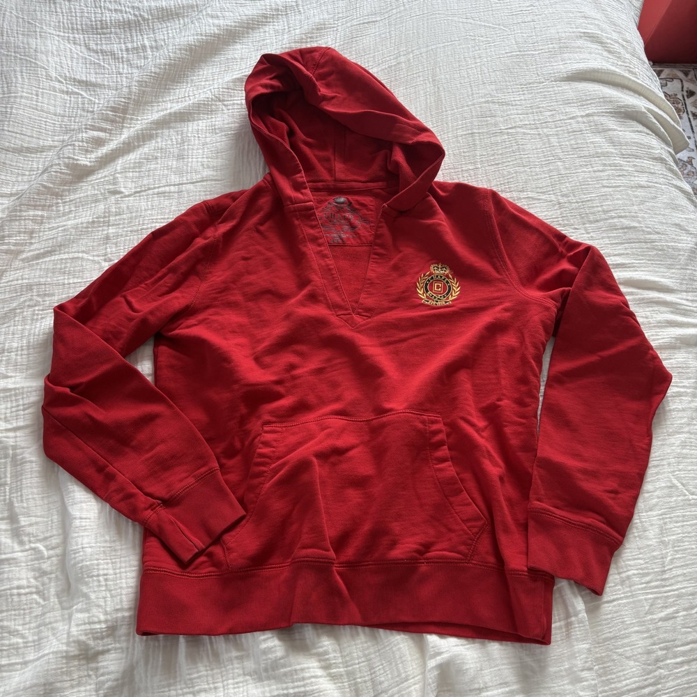 Chaps Hoodie Crest Logo Cotton Red V Neck Kangaroo Pocket Preppy Casual M